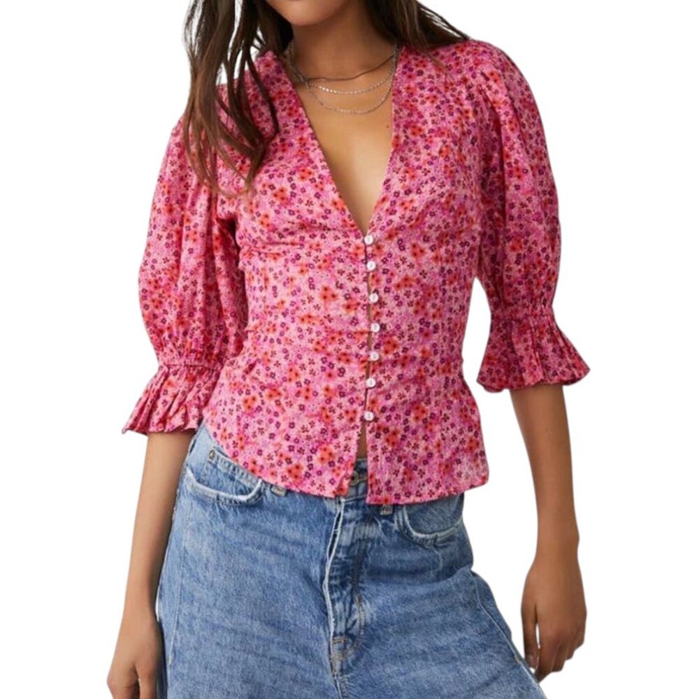 Free People I Found You Floral Button Blouse, Pink Party Combo, M - Picture 10 of 10
